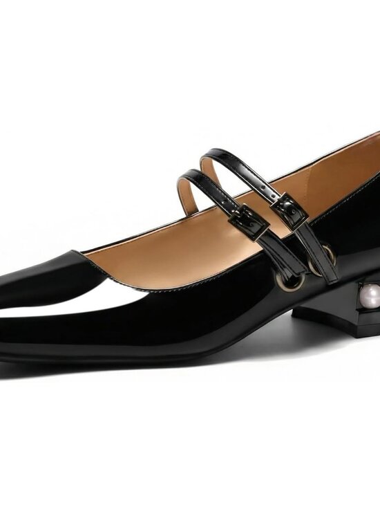 Shoes - Women's Pearl Black Mary Jane Low Pearl Heels Square Toe Pumps Ballet Shoes